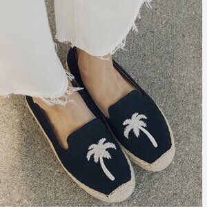Soludos Women’s Espadrilles Black Canvas Palm Tree Platform Slip On Sandal - 8.5